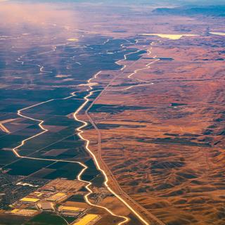 View of the California Aqueduct from above, taken on final approach to SFO.