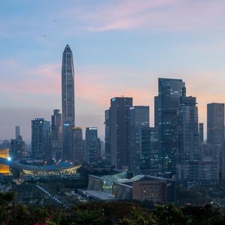 Large panorama of the Shenzhen Futian CBD at sunset from the Deng XiaoPing monument in Lianhuashan.