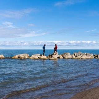 A conversation in Lake Erie viewed from a distance in Presque Isle State Park.