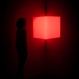 At the Mattress Factory &mdash; closely inspecting a mysterious red cube.